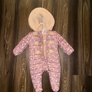 Floral Pink Baby Jacket with Faux Fur Hood